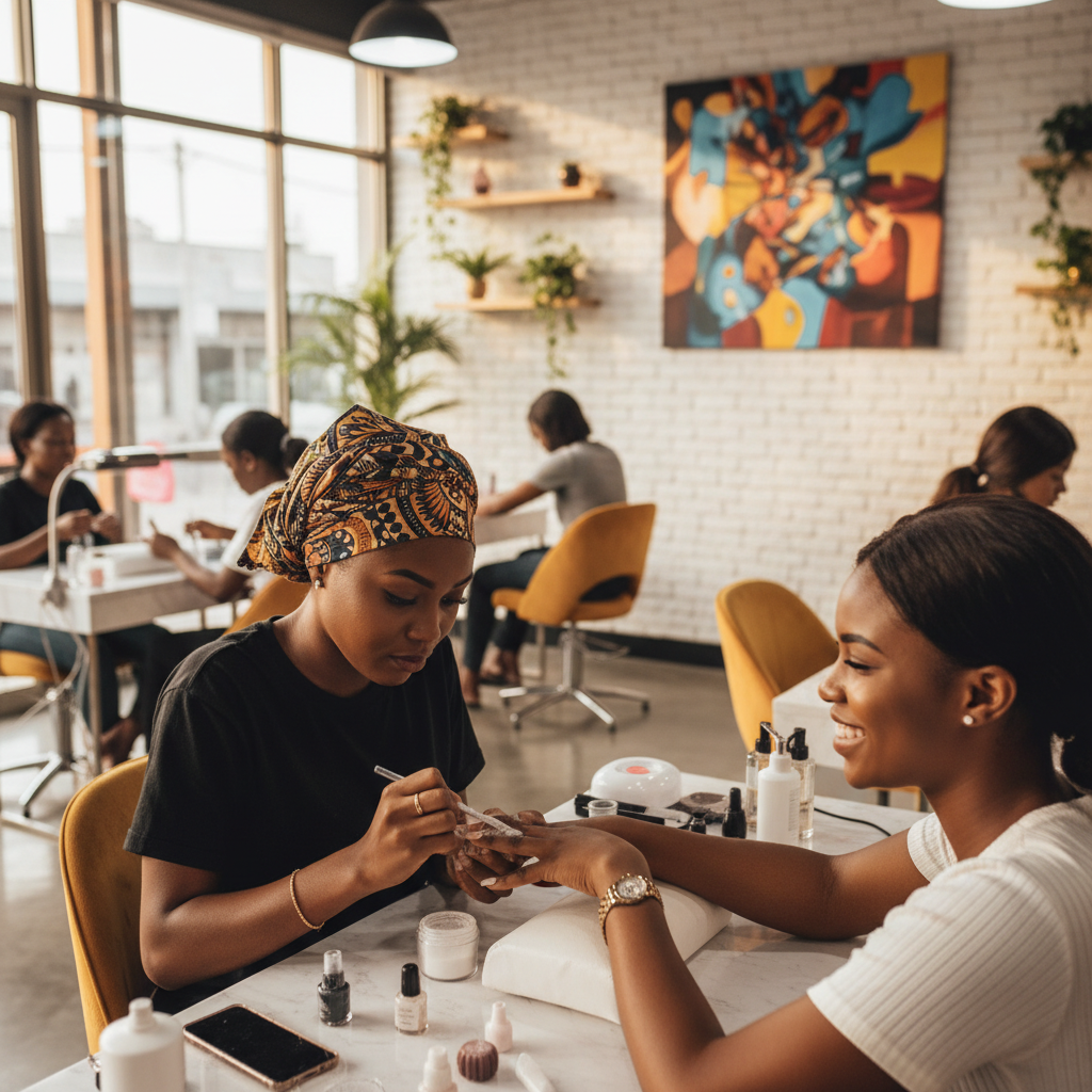 A skilled nail technician carefully applying acrylic to a client's nails in a bright Lagos salon.