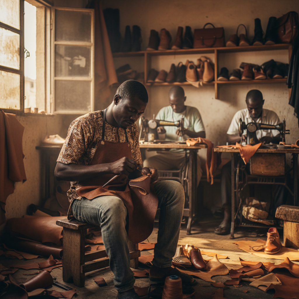 A skilled Nigerian shoemaker carefully working on a leather shoe in his workshop.