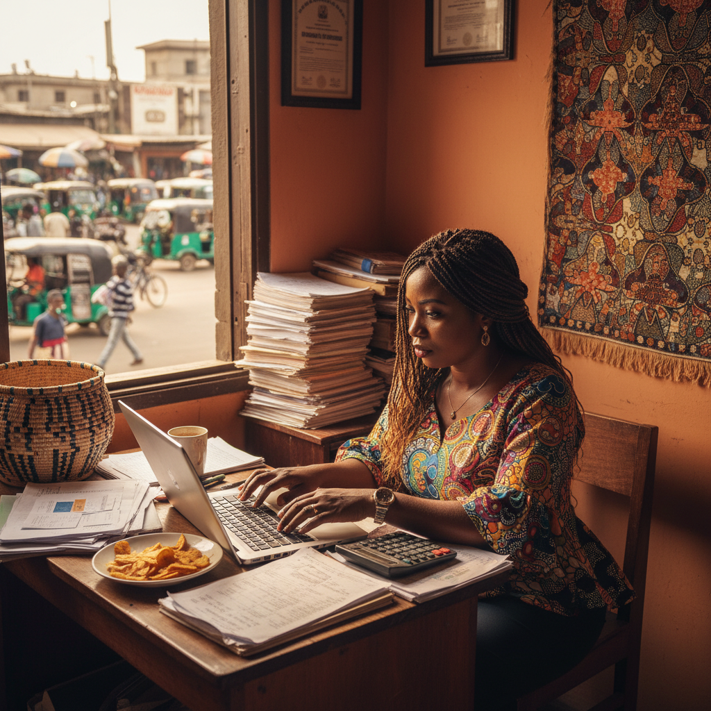 A Nigerian business owner reviewing financial statements on their laptop.