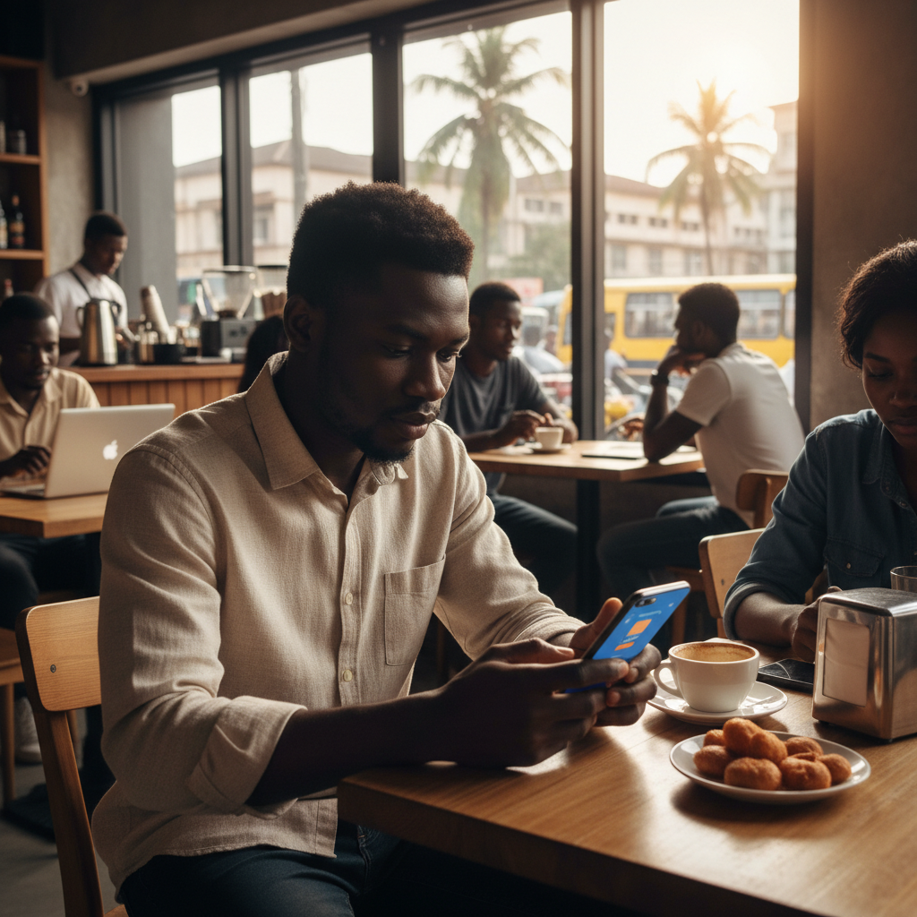 A young Nigerian man checking his mobile banking app on a smartphone.