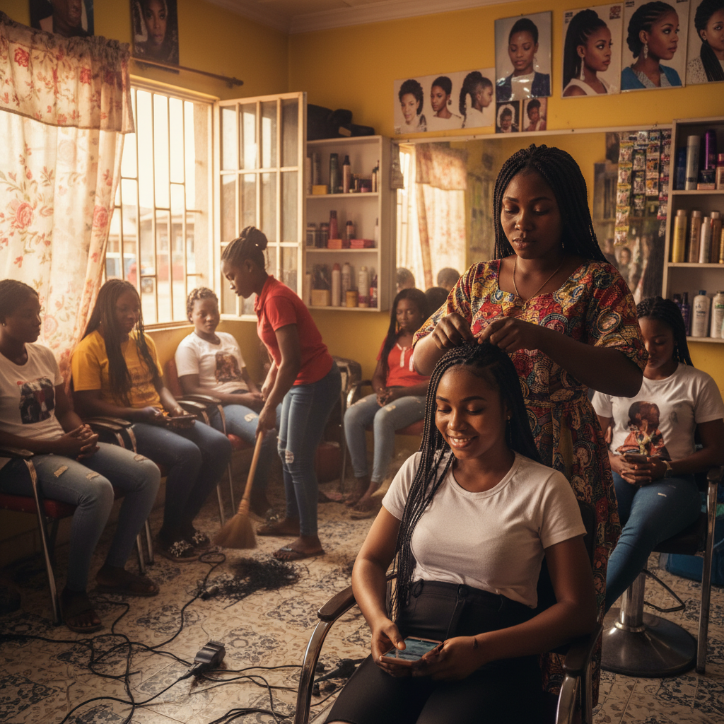 A professional hair braider in Aba working on a client's knotless braids.
